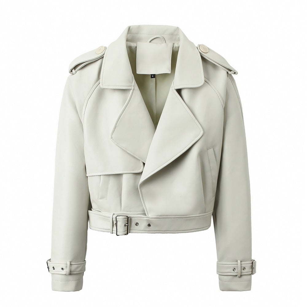 Wearloom Women's White Genuine Leather Belted Jacket - Front View