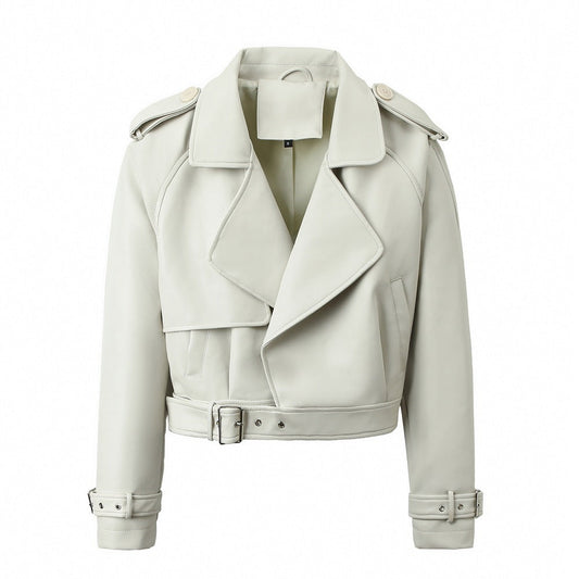 Wearloom Women's White Genuine Leather Belted Jacket - Front View