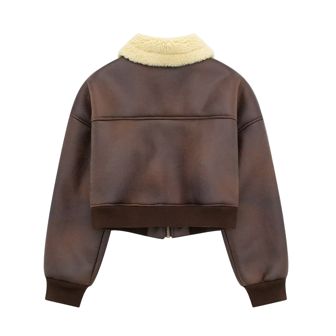 Wearloom Women Brown Genuine Leather Cropped Bomber Jacket - Side View