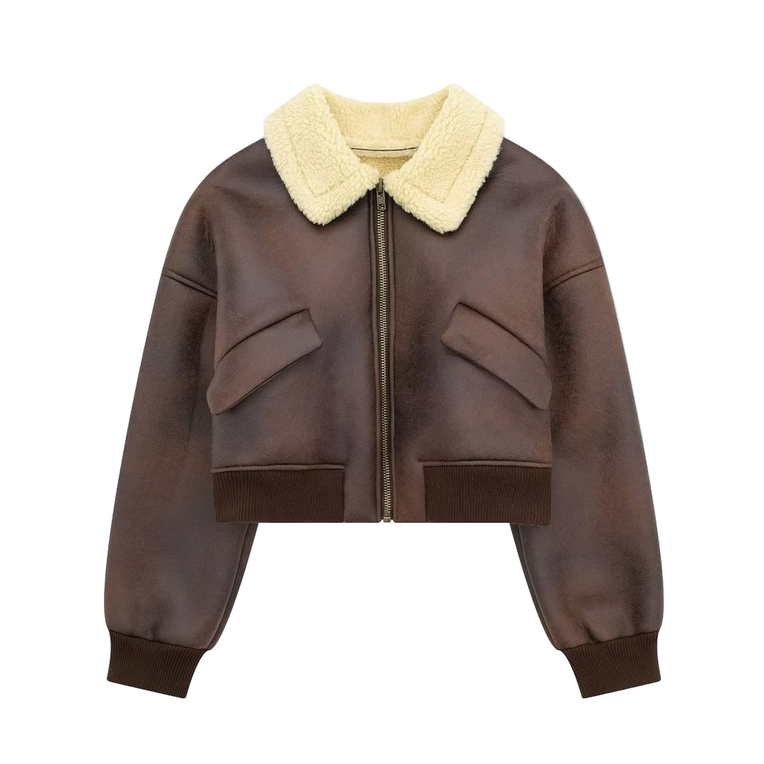 Wearloom Women Brown Genuine Leather Cropped Bomber Jacket - Front View