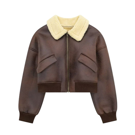 Wearloom Women Brown Genuine Leather Cropped Bomber Jacket - Front View