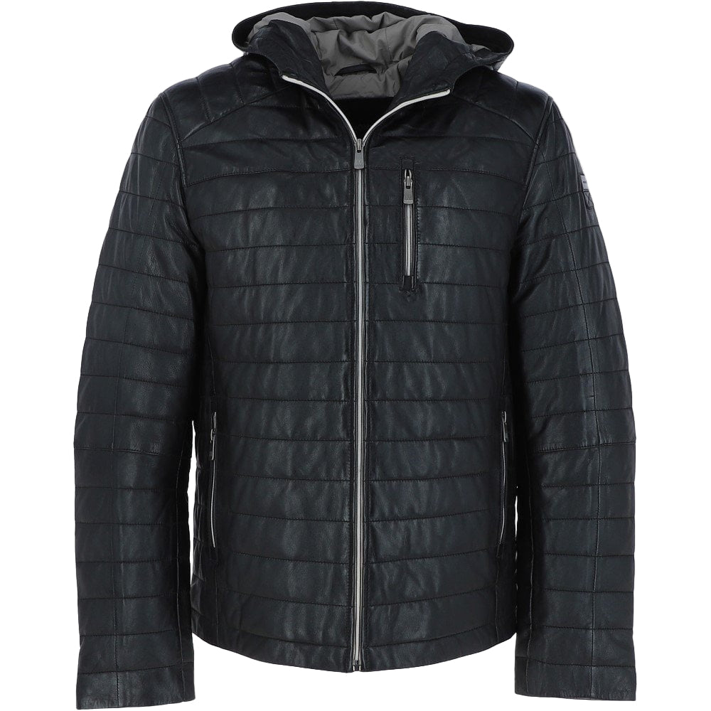Wearloom Men Black Genuine Leather Hooded Jacket - Front View