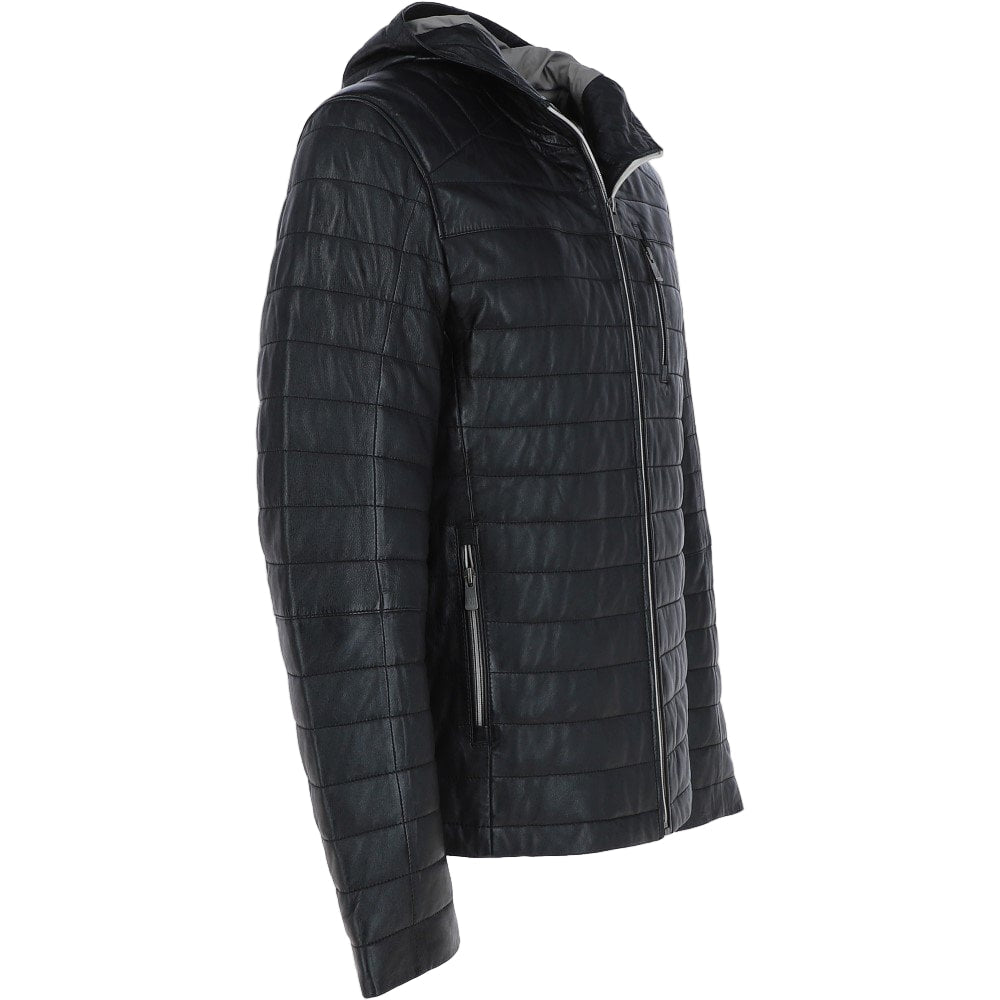 Wearloom Men Black Genuine Leather Hooded Jacket - Side View