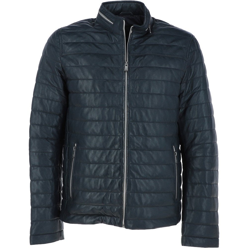 Wearloom Men Navy Blue Genuine Leather Quilted Jacket - Front View