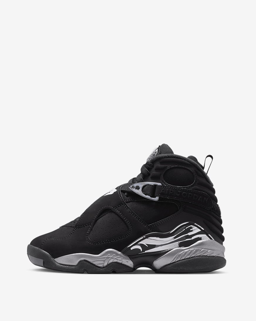 Jordan Big Kids' Air Jordan 8 Retro Chrome – Black White Light Graphite – Side View