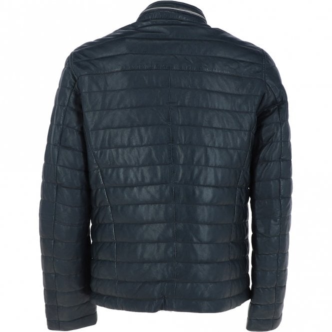 Wearloom Men Navy Blue Genuine Leather Quilted Jacket Back View