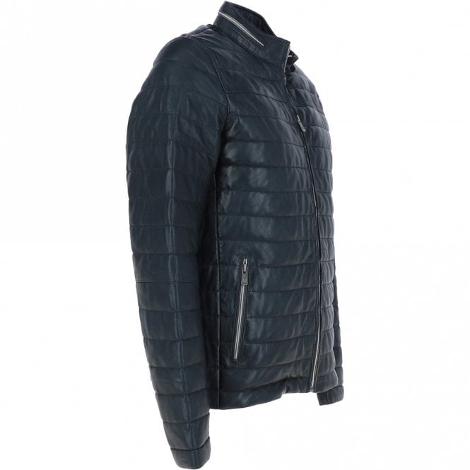 Wearloom Men Navy Blue Genuine Leather Quilted Jacket - Side View