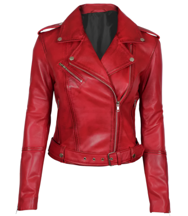 Wearloom Women Red Genuine Leather Biker Jacket - Front View